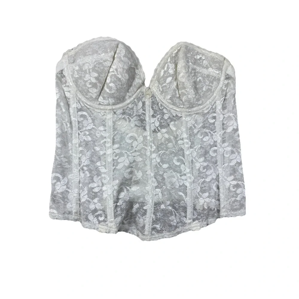 Vintage 90s Womens Bustier Corset 38B White Floral‎ Lace Underwired Strapless